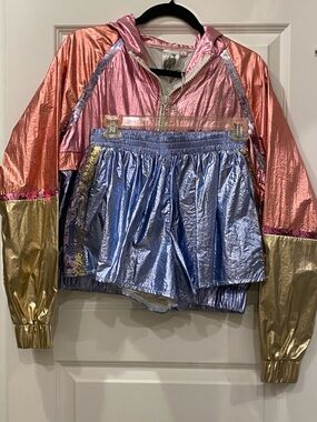 Queen of Sparkles Metallic Colorblock Hooded Jacket - Pink, Gold & Blue
